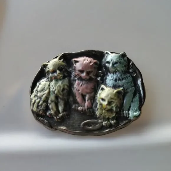 Oval Cat Pin‎ Brooch Silver Tone Pink Blue Yellow - Picture 2 of 5